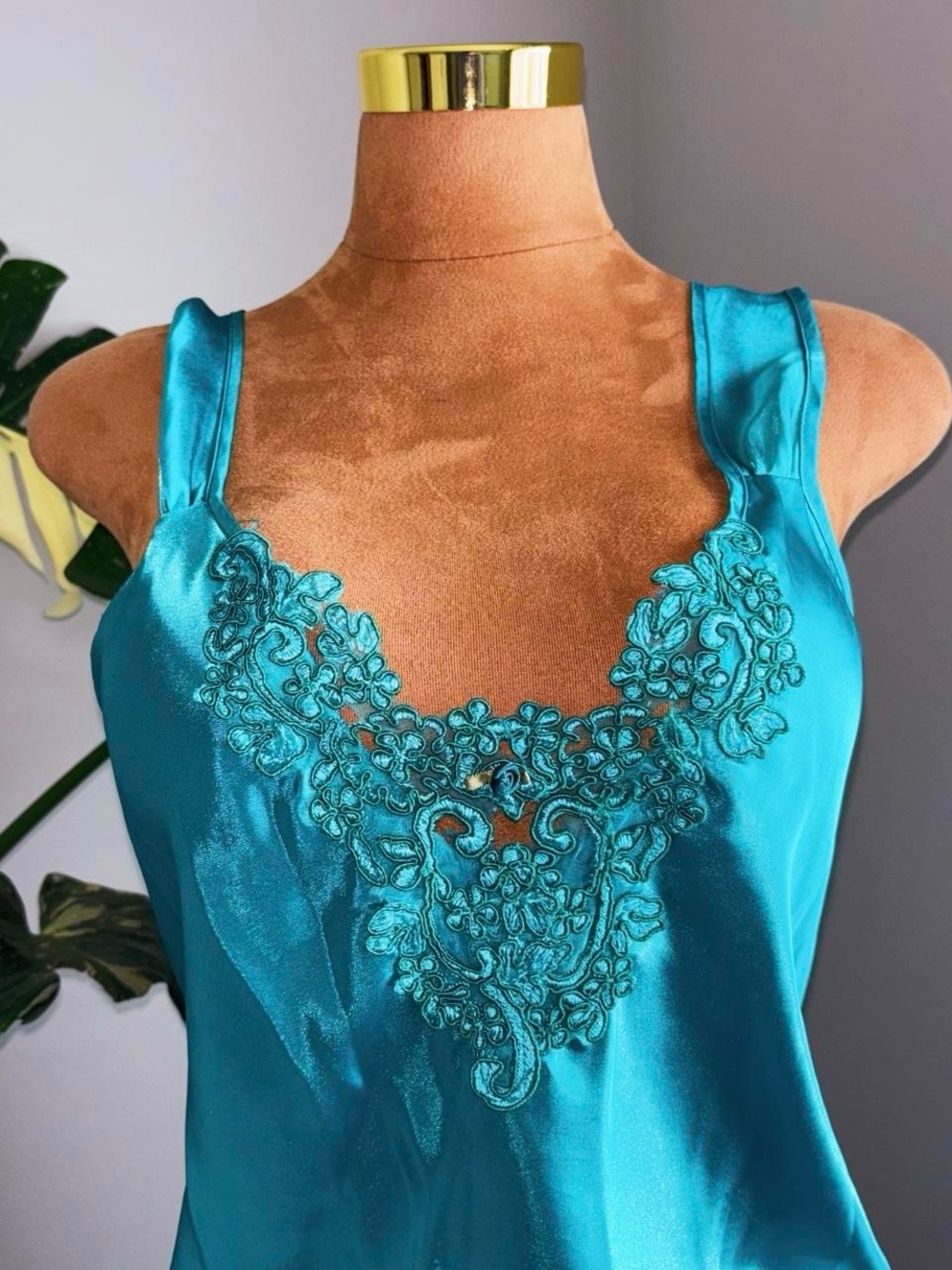 Vintage 90s Emerald Green  Satin Nightgown Dress Floral Applique Slip Dress